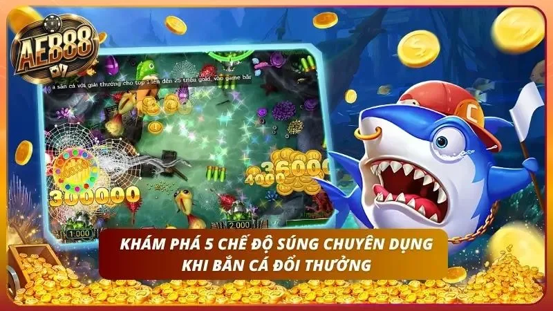 Nhân vật cá mập cạnh màn bắn cá với số điểm và đồng xu.