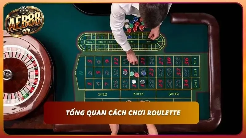 Cách chơi Roulette AE888 với vòng quay, bảng số và chip cược.